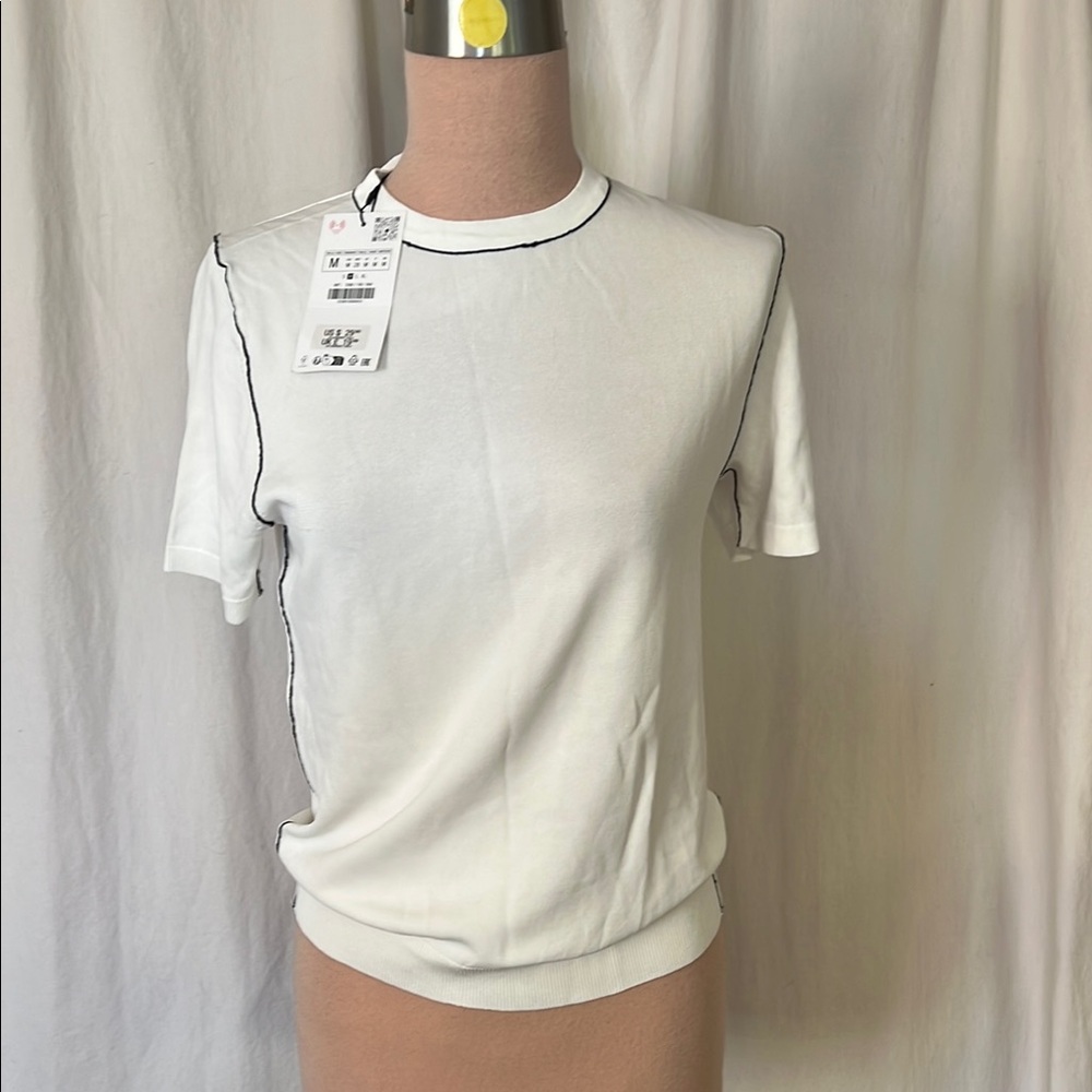 Zara Classic White sweater Top with Black Details M NWT preppy summer sweater